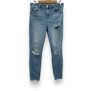 American Eagle Hi-Rise Light Wash Distressed Raw‎ Hem Skinny Jegging Jeans Sz 14